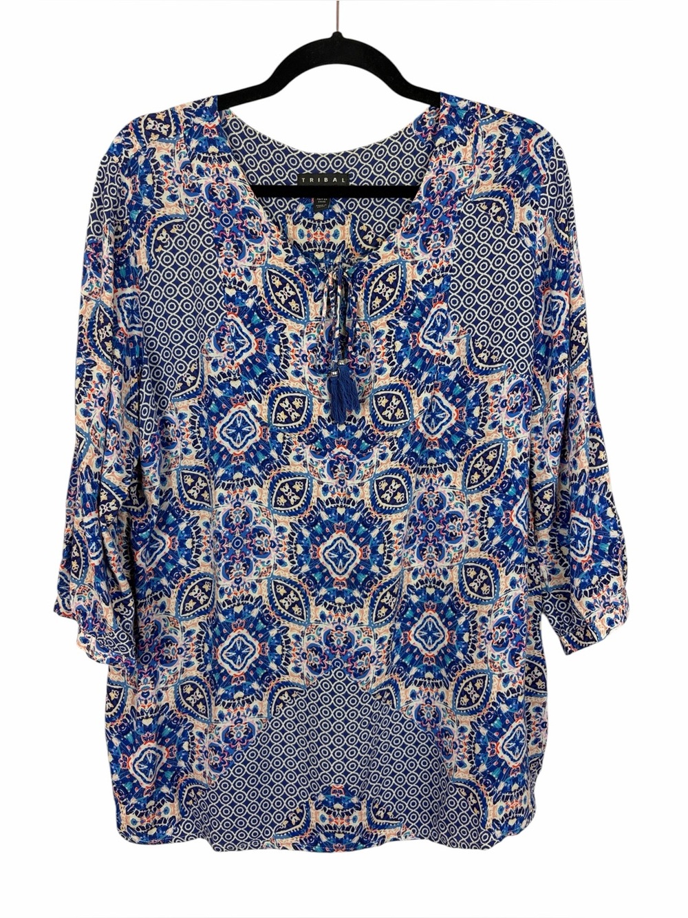 Tribal Blue Boho Paisley Tassel Blouse Large 100% Rayon Peasant Top
